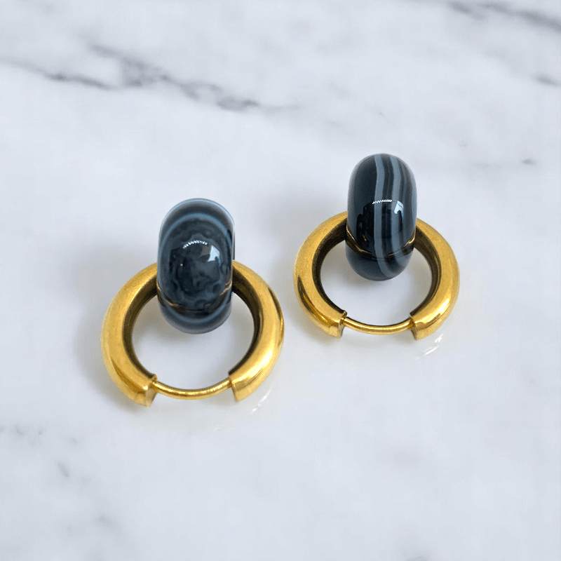 Golden Shadow Hoop Earrings | Onyx Stone & 18K PVD Gold Plated - For Women | Includes: Earrings