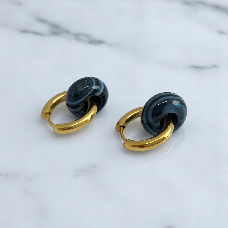 Golden Shadow Hoop Earrings | Onyx Stone & 18K PVD Gold Plated - For Women | Includes: Earrings