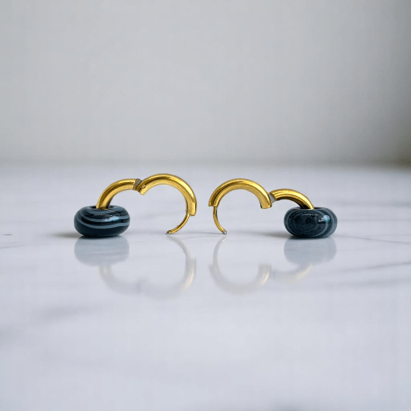 Golden Shadow Hoop Earrings | Onyx Stone & 18K PVD Gold Plated - For Women | Includes: Earrings
