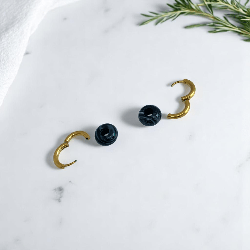 Golden Shadow Hoop Earrings | Onyx Stone & 18K PVD Gold Plated - For Women | Includes: Earrings