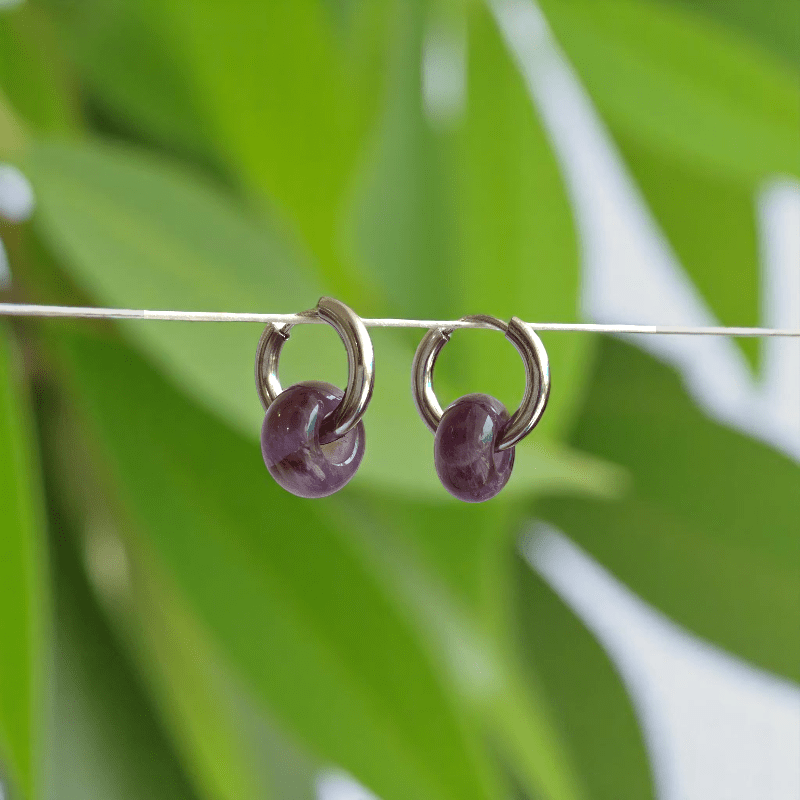 Amethyst Shine Hoop Earrings | Amethyst Stone & Silver PVD Plated - For Women | Includes: Earrings