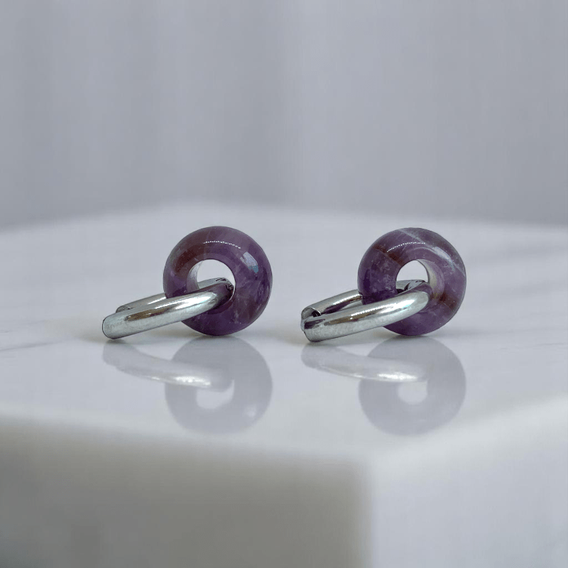 Amethyst Shine Hoop Earrings | Amethyst Stone & Silver PVD Plated - For Women | Includes: Earrings