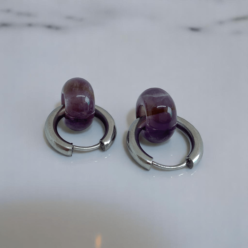 Amethyst Shine Hoop Earrings | Amethyst Stone & Silver PVD Plated - For Women | Includes: Earrings