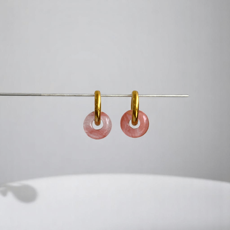 Rosy Bloom Hoop Earrings | Cherry Quartz Stone & 18K PVD Gold Plated - For Women | Includes: Earrings