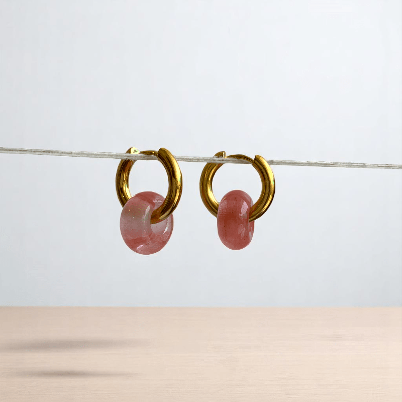 Rosy Bloom Hoop Earrings | Cherry Quartz Stone & 18K PVD Gold Plated - For Women | Includes: Earrings