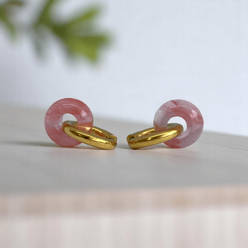Rosy Bloom Hoop Earrings | Cherry Quartz Stone & 18K PVD Gold Plated - For Women | Includes: Earrings