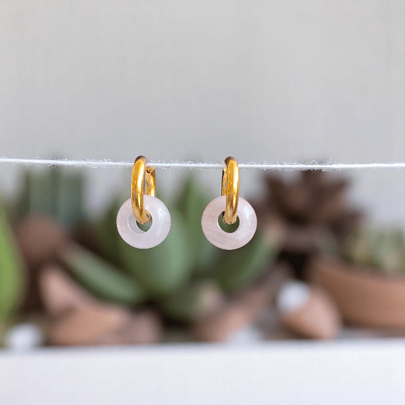 Golden Rose Hoop Earrings | Rose Quartz Stone & 18K PVD Gold Plated - For Women | Includes: Earrings