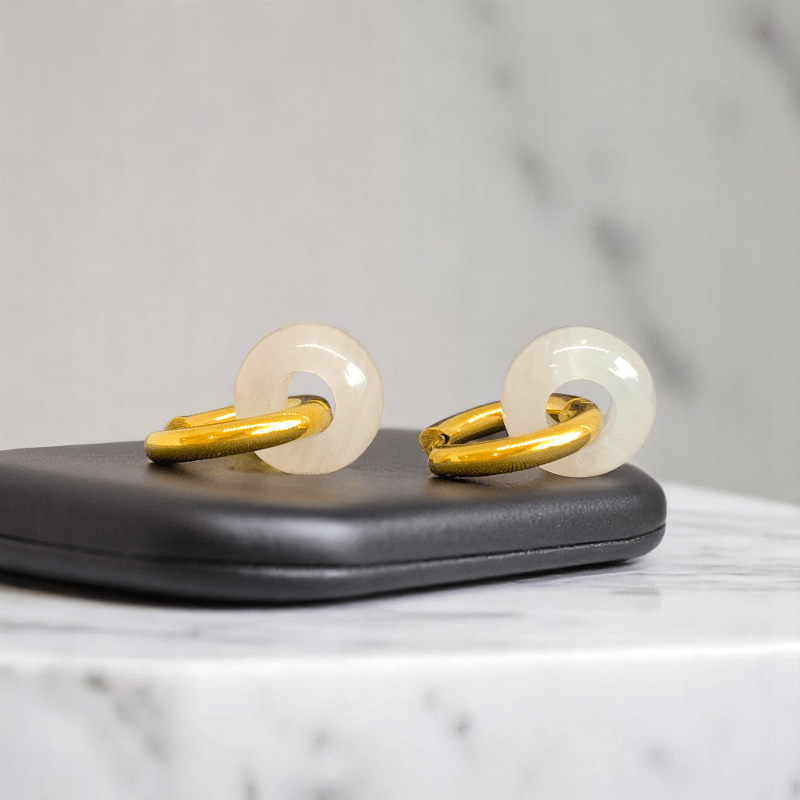 Golden Rose Hoop Earrings | Rose Quartz Stone & 18K PVD Gold Plated - For Women | Includes: Earrings