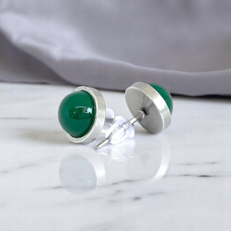 Serene Glow Studs | Green Jade Stone & Silver PVD Plated - For Women | Includes: Earrings
