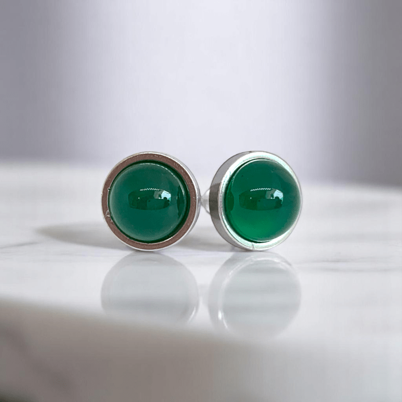 Serene Glow Studs | Green Jade Stone & Silver PVD Plated - For Women | Includes: Earrings