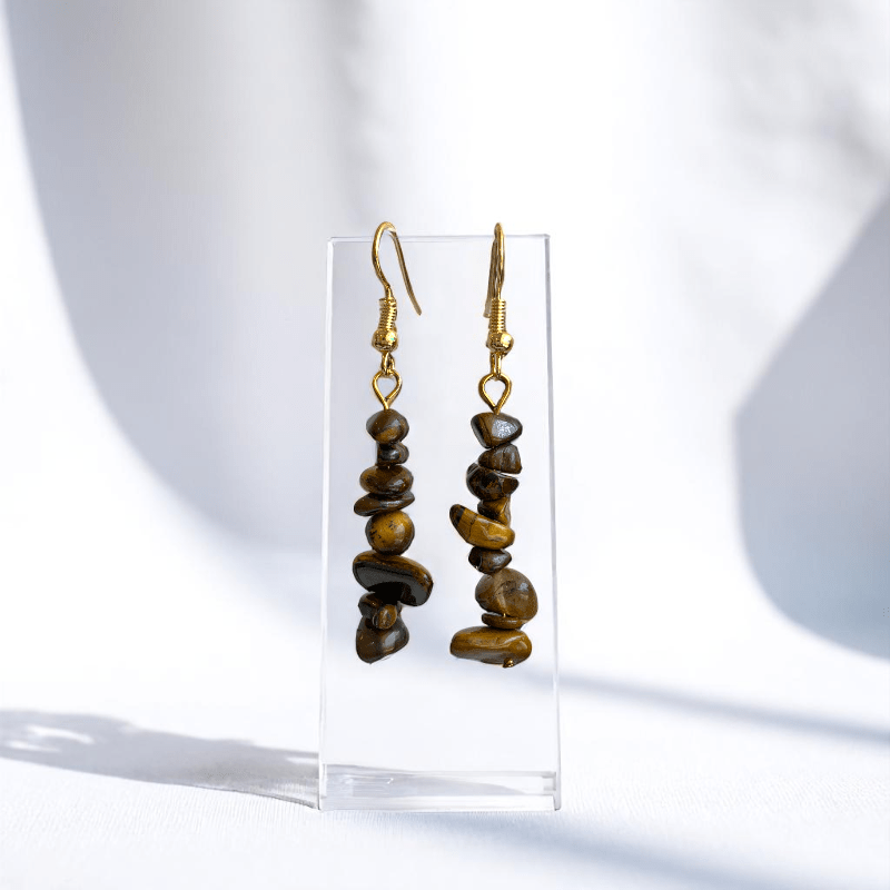 Golden Strength Earrings | 18K PVD Gold Plated & Tiger Eye Chip - For Women | Includes: Earrings