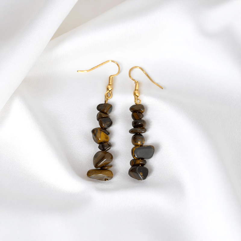Golden Strength Earrings | 18K PVD Gold Plated & Tiger Eye Chip - For Women | Includes: Earrings