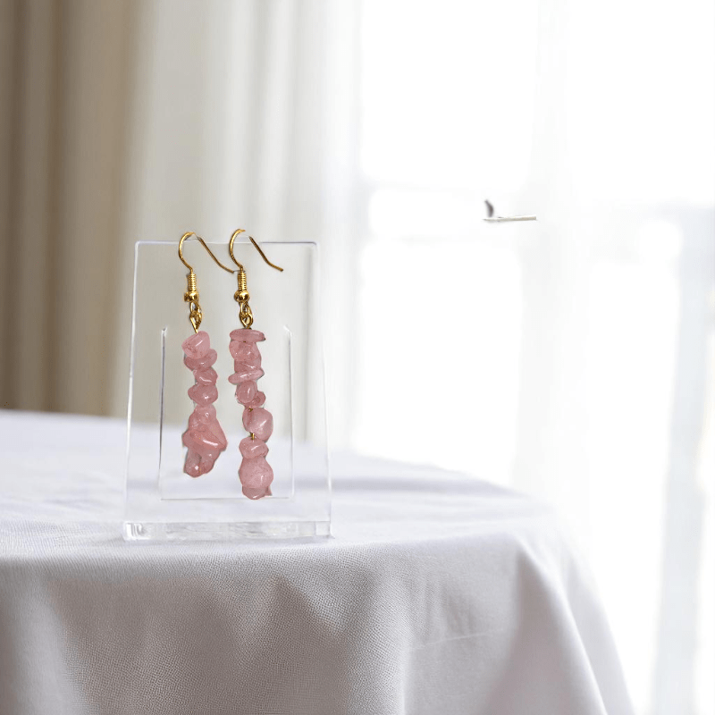 Rosy Radiance Earrings | 18K PVD Gold Plated & Rose Quartz Chip - For Women | Includes: Earrings