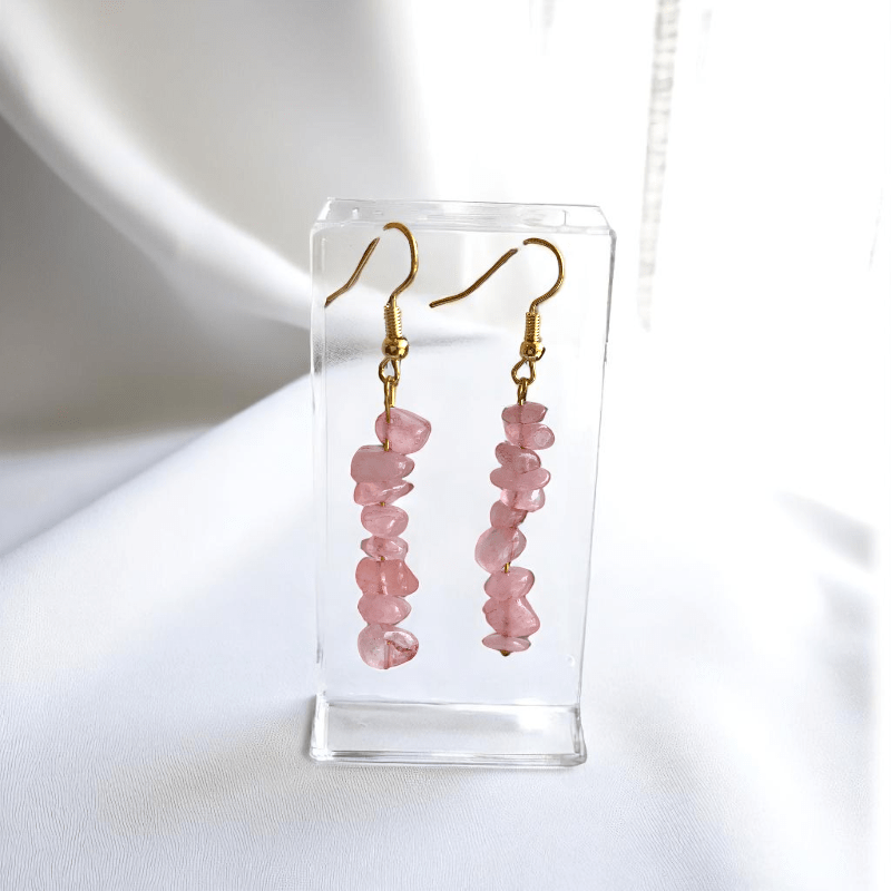 Rosy Radiance Earrings | 18K PVD Gold Plated & Rose Quartz Chip - For Women | Includes: Earrings