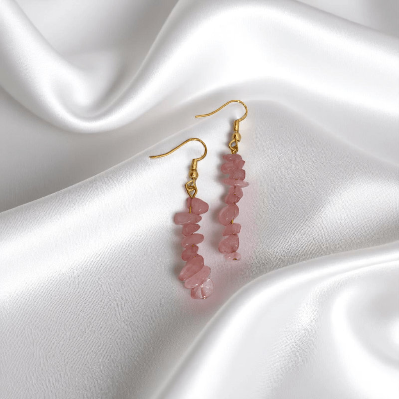 Rosy Radiance Earrings | 18K PVD Gold Plated & Rose Quartz Chip - For Women | Includes: Earrings
