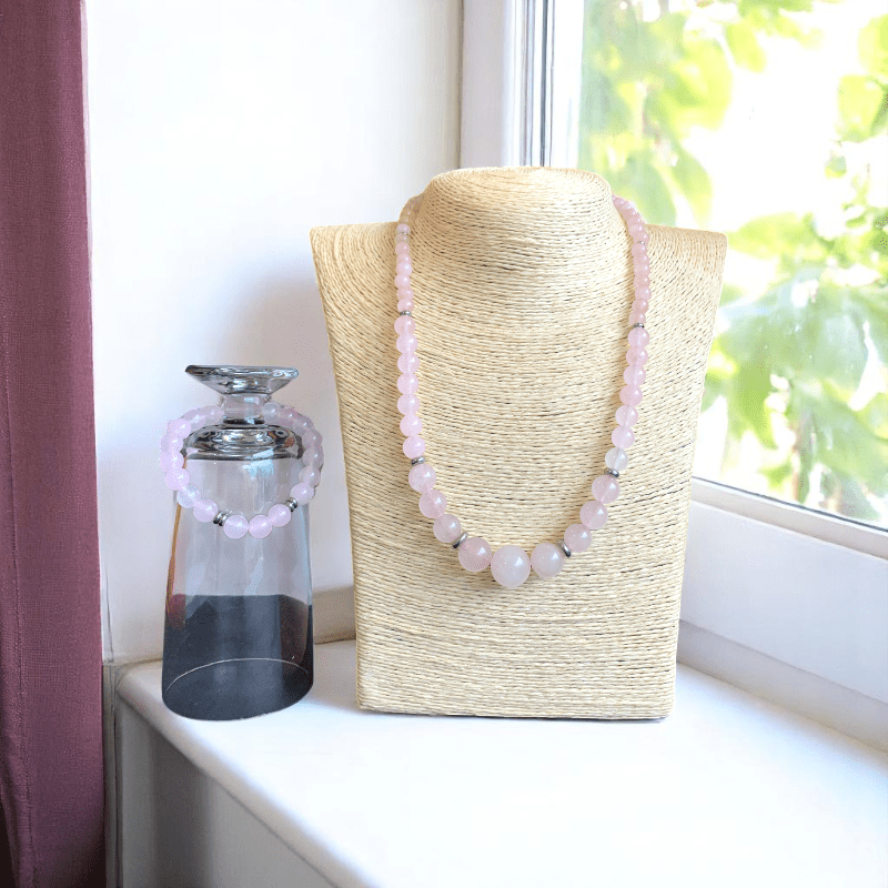 Pink Serenity Set | Rose Quartz Stone - For Women | Includes: Necklace, Bracelet
