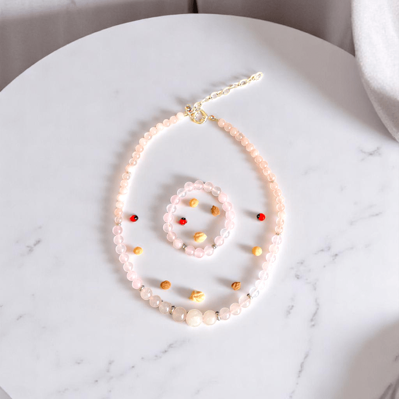 Pink Serenity Set | Rose Quartz Stone - For Women | Includes: Necklace, Bracelet