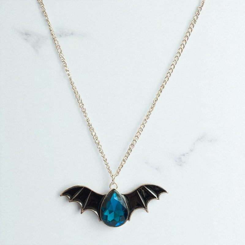 Night Flight Necklace | Silver Bat Pendant with Blue Stone | Unisex