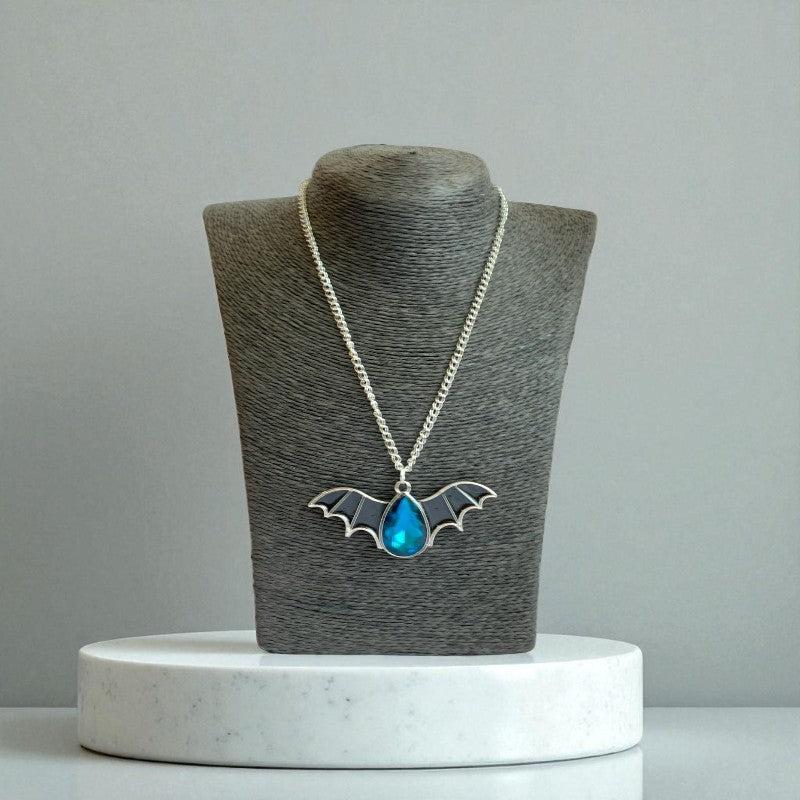 Night Flight Necklace | Silver Bat Pendant with Blue Stone | Unisex