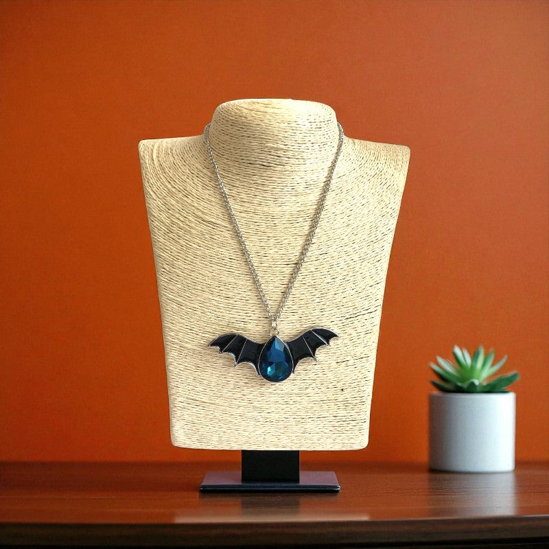 Night Flight Necklace | Silver Bat Pendant with Blue Stone | Unisex