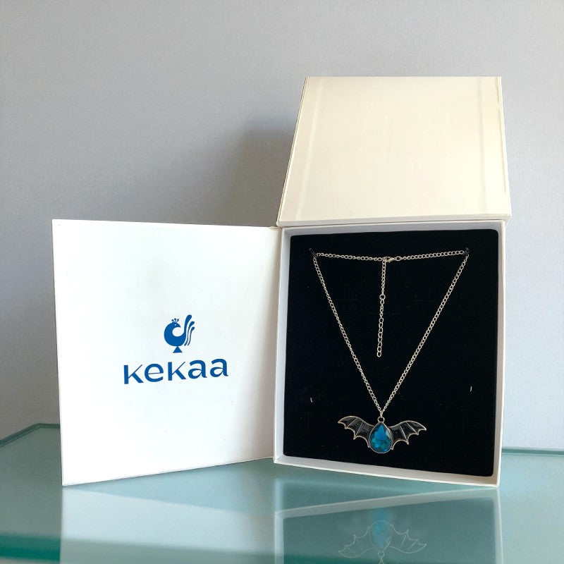 Night Flight Necklace | Silver Bat Pendant with Blue Stone | Unisex