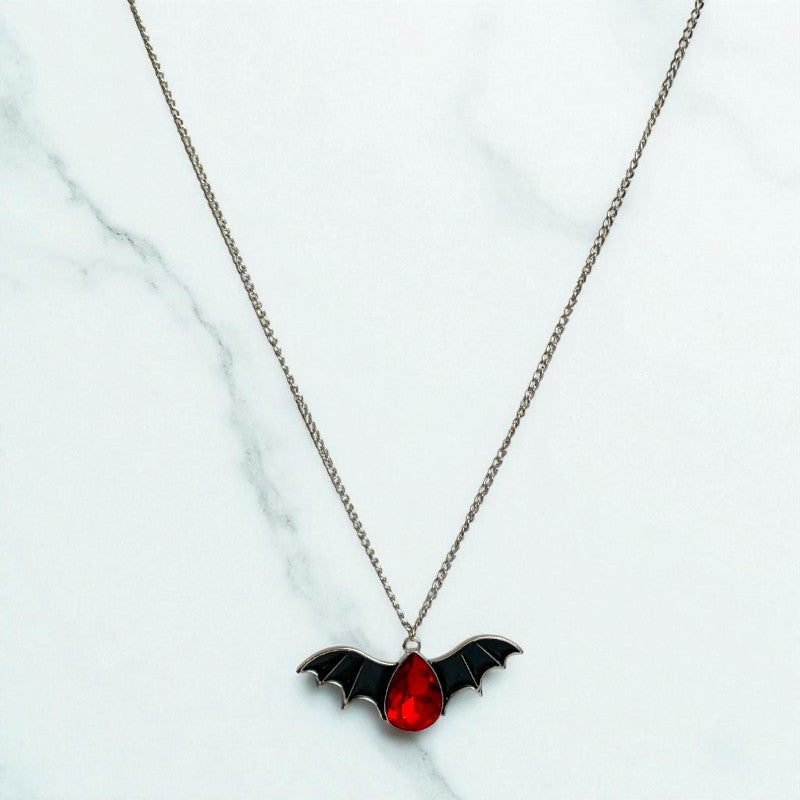 Crimson Wing Necklace | Silver Bat Pendant with Red Stone | Unisex