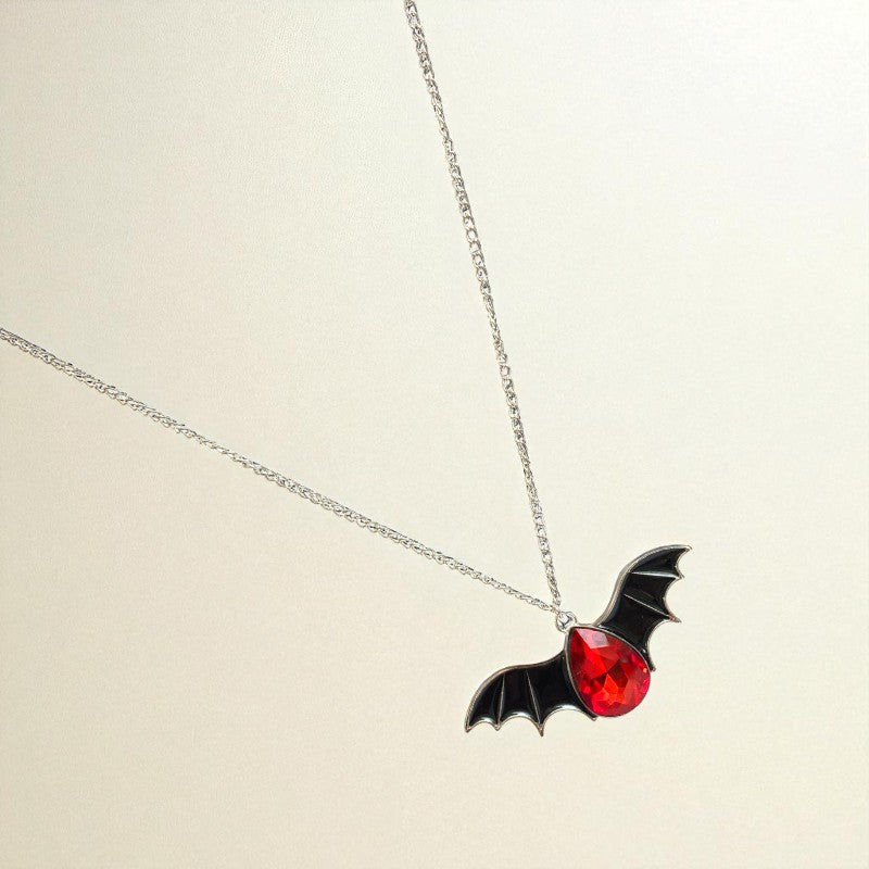 Crimson Wing Necklace | Silver Bat Pendant with Red Stone | Unisex