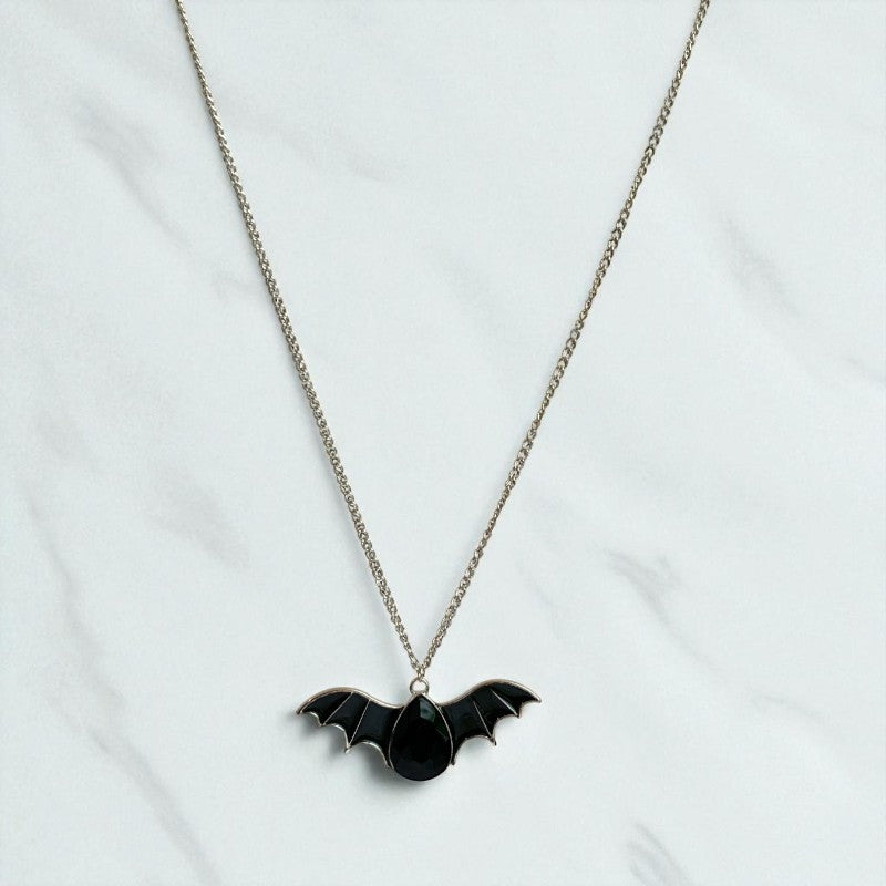 Shadow Fang Necklace | Silver Bat Pendant with Black Stone | Unisex