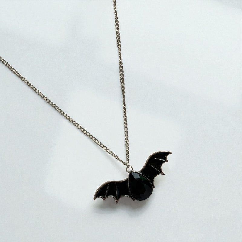 Shadow Fang Necklace | Silver Bat Pendant with Black Stone | Unisex