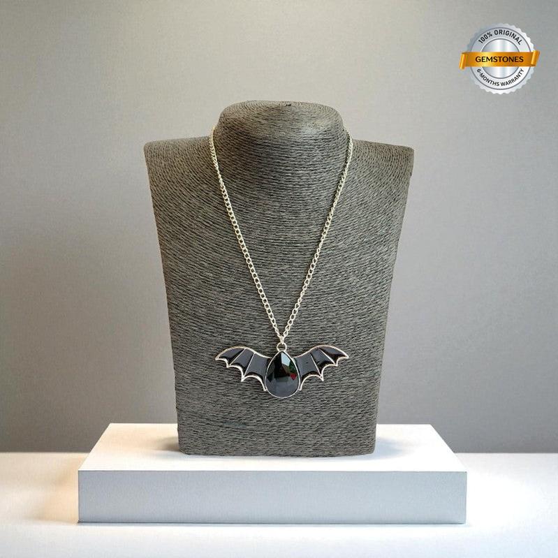 Shadow Fang Necklace | Silver Bat Pendant with Black Stone | Unisex