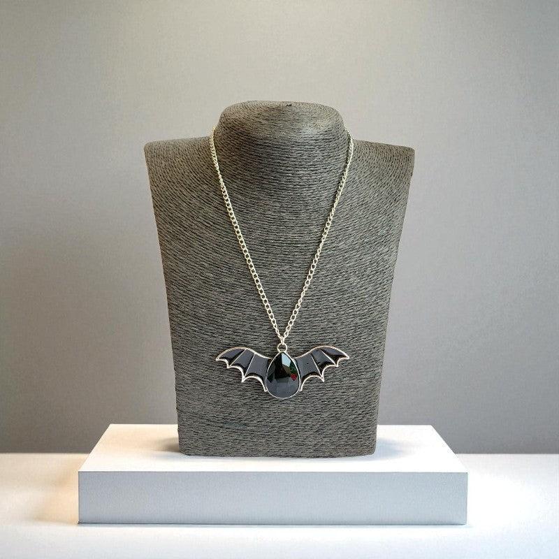 Shadow Fang Necklace | Silver Bat Pendant with Black Stone | Unisex