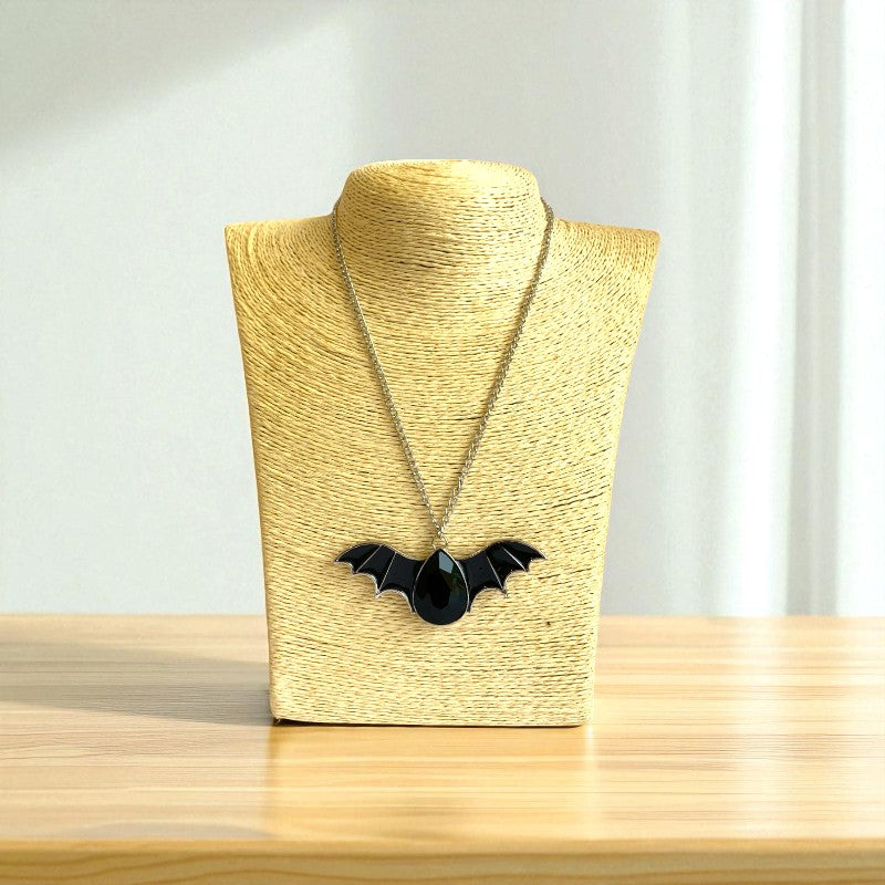 Shadow Fang Necklace | Silver Bat Pendant with Black Stone | Unisex