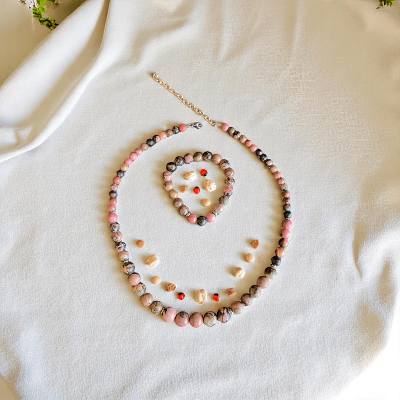 Blush Stone Set | Rhodonite Stone - For Women | Includes: Necklace, Bracelet