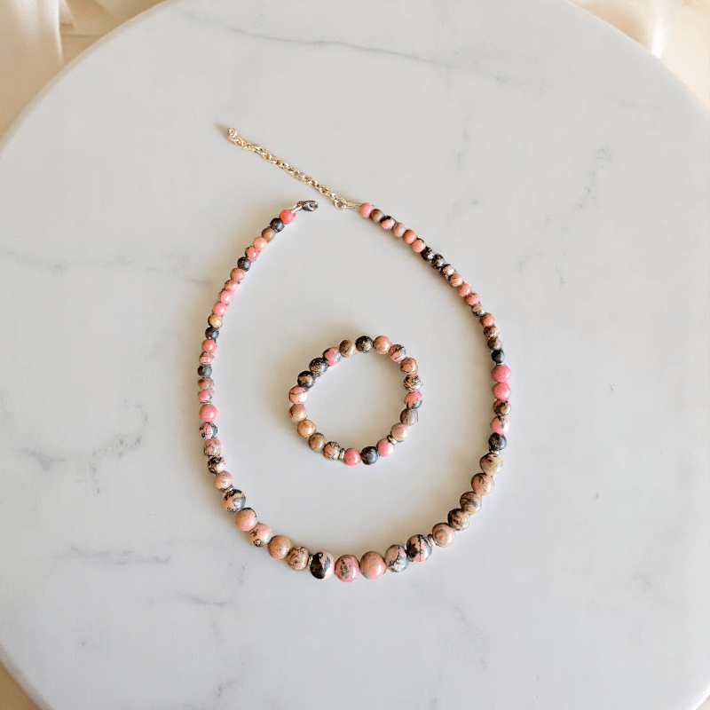 Blush Stone Set | Rhodonite Stone - For Women | Includes: Necklace, Bracelet