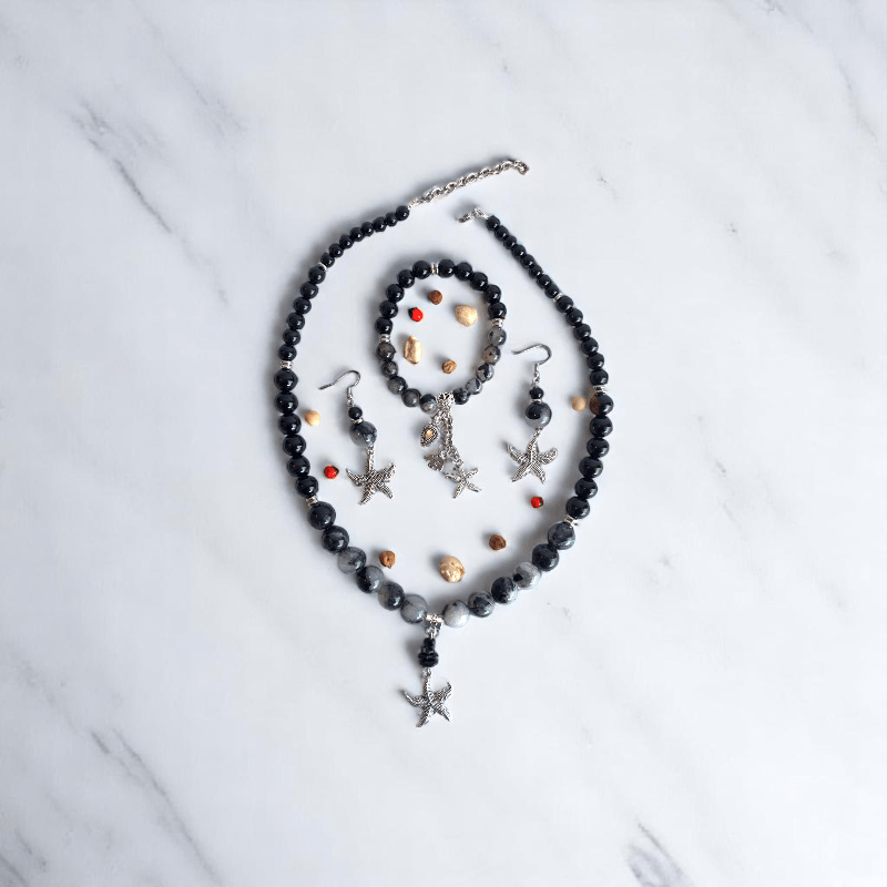Ocean Mystique Set | Black Obsidian & Black Rutile Stone - For Women | Includes: Necklace, Bracelet, Earrings