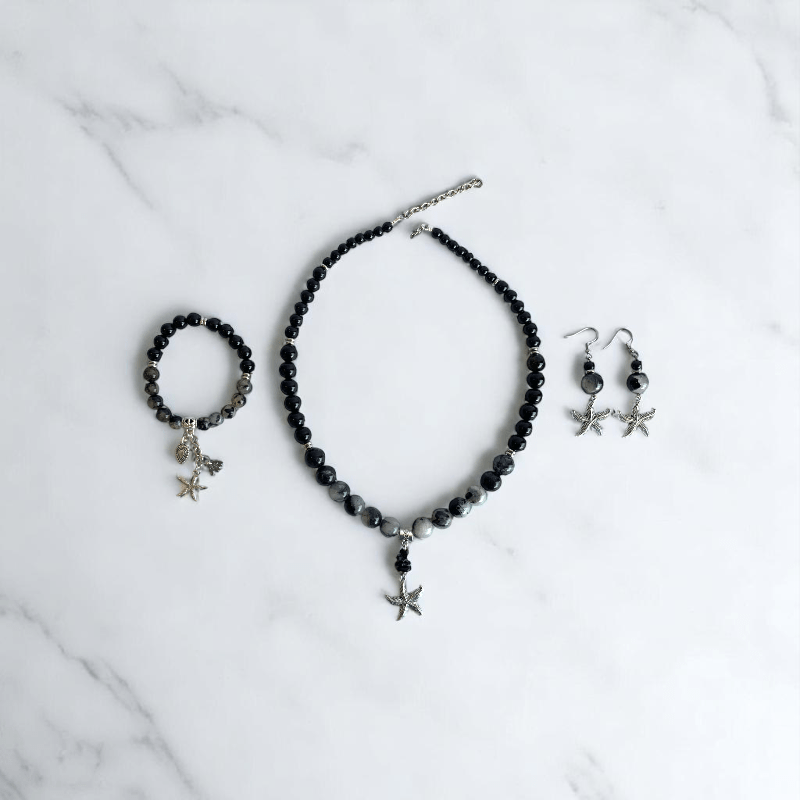 Ocean Mystique Set | Black Obsidian & Black Rutile Stone - For Women | Includes: Necklace, Bracelet, Earrings