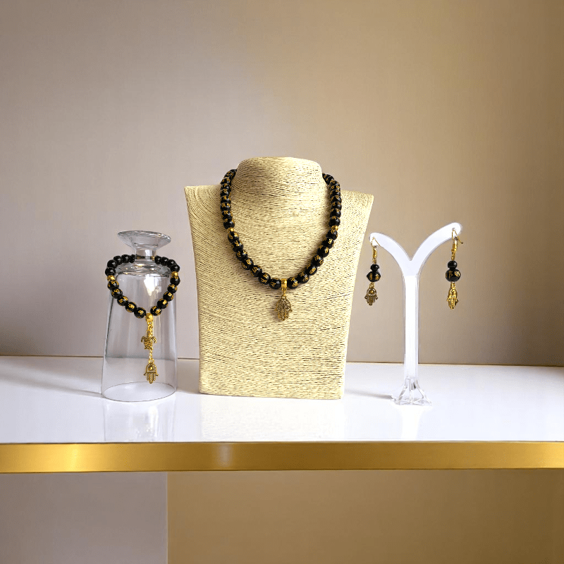 Black Om Mani Hamsa Set | Stainless Steel - For Women | Includes: Necklace, Bracelet, Earrings