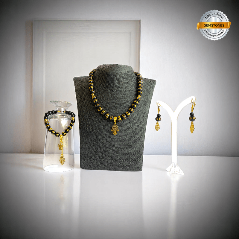 Black Om Mani Hamsa Set | Stainless Steel - For Women | Includes: Necklace, Bracelet, Earrings