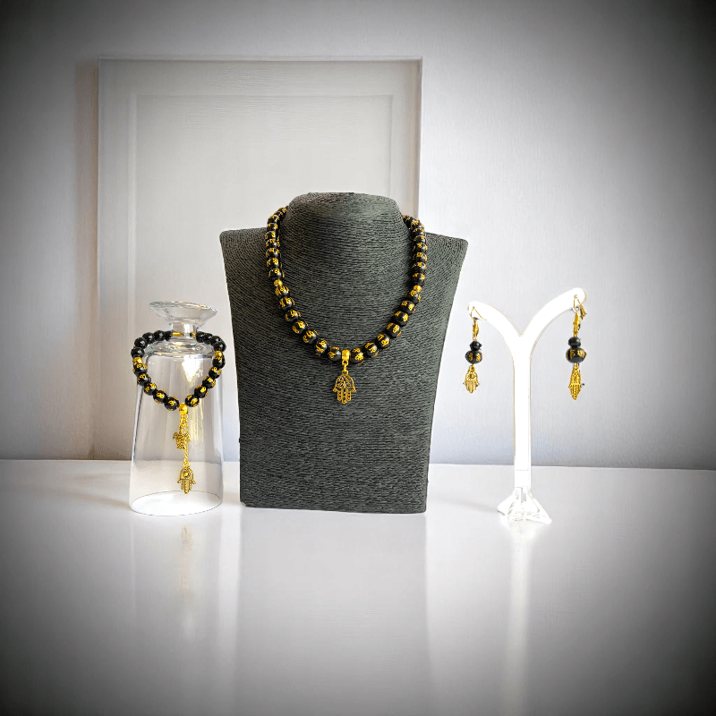 Black Om Mani Hamsa Set | Stainless Steel - For Women | Includes: Necklace, Bracelet, Earrings