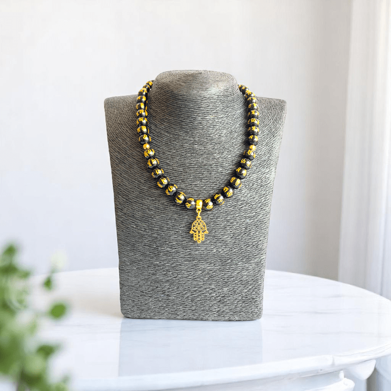 Black Om Mani Hamsa Set | Stainless Steel - For Women | Includes: Necklace, Bracelet, Earrings