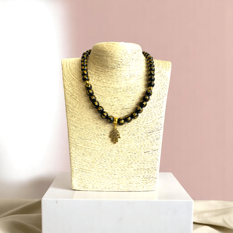 Black Om Mani Hamsa Set | Stainless Steel - For Women | Includes: Necklace, Bracelet, Earrings