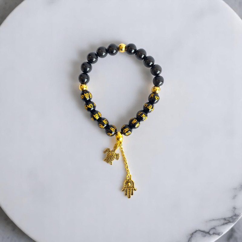 Black Om Mani Hamsa Set | Stainless Steel - For Women | Includes: Necklace, Bracelet, Earrings