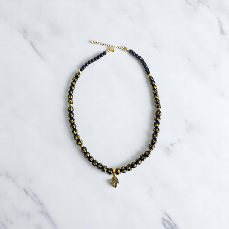 Black Om Mani Hamsa Set | Stainless Steel - For Women | Includes: Necklace, Bracelet, Earrings