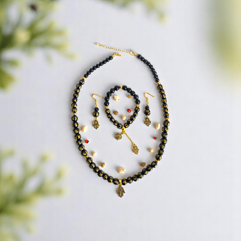 Black Om Mani Hamsa Set | Stainless Steel - For Women | Includes: Necklace, Bracelet, Earrings