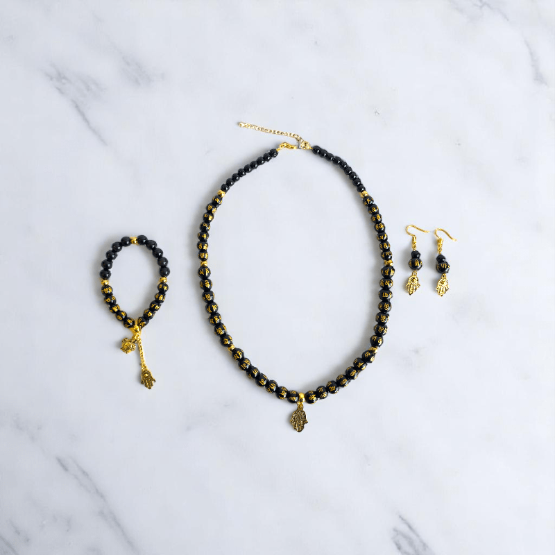 Black Om Mani Hamsa Set | Stainless Steel - For Women | Includes: Necklace, Bracelet, Earrings