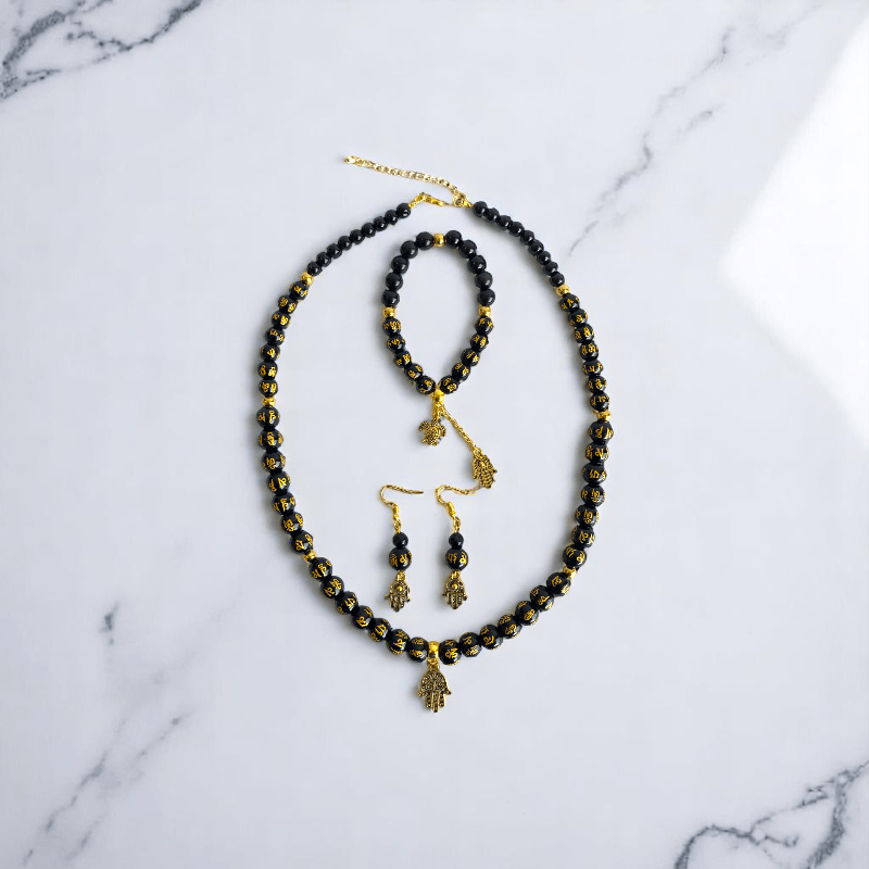 Black Om Mani Hamsa Set | Stainless Steel - For Women | Includes: Necklace, Bracelet, Earrings