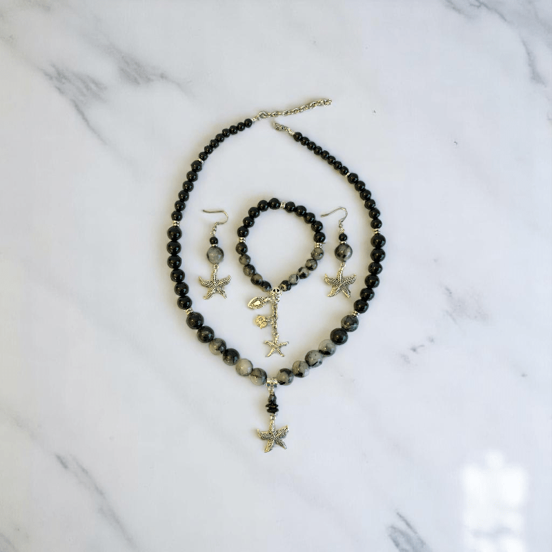 Ocean Mystique Set | Black Obsidian & Black Rutile Stone - For Women | Includes: Necklace, Bracelet, Earrings