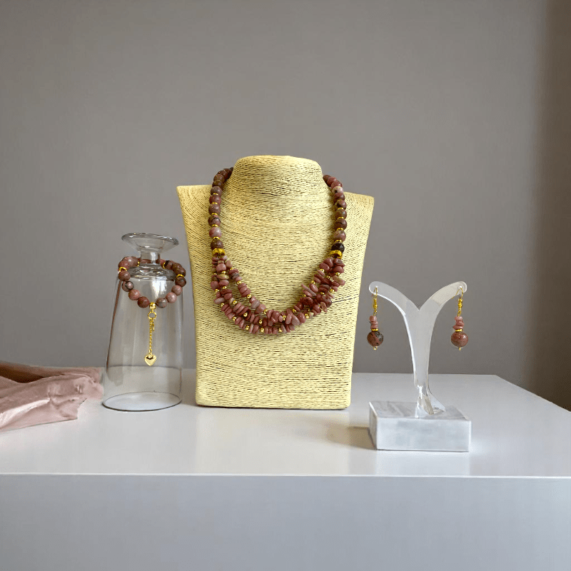 Blushing Set | Rhodonite Stone - For Women | Includes: Necklace, Bracelet, Earring