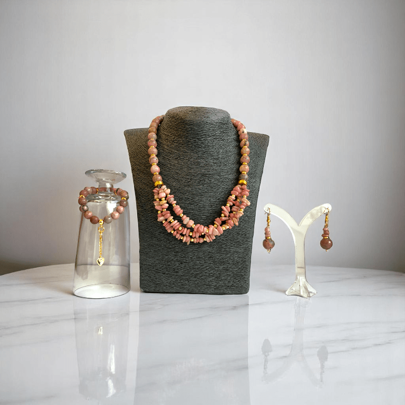 Blushing Set | Rhodonite Stone - For Women | Includes: Necklace, Bracelet, Earring