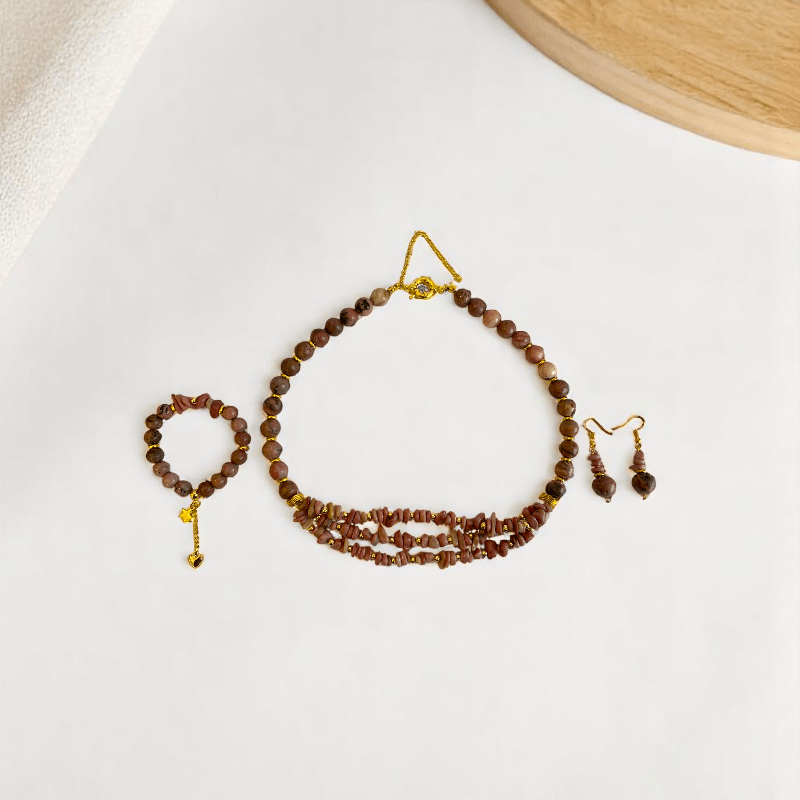 Blushing Set | Rhodonite Stone - For Women | Includes: Necklace, Bracelet, Earring